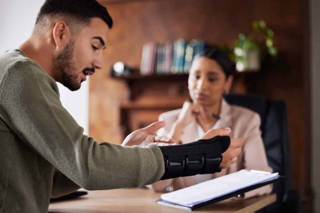 Legal labor law injury or man with lawyer woman planning on documents for insurance compliance and hr agreement consulting advisor and male client for security claim or disability compensation